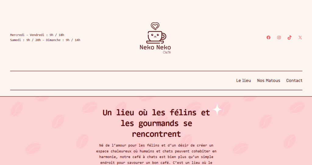 Page d'accueil du site internet Neko Neko Café